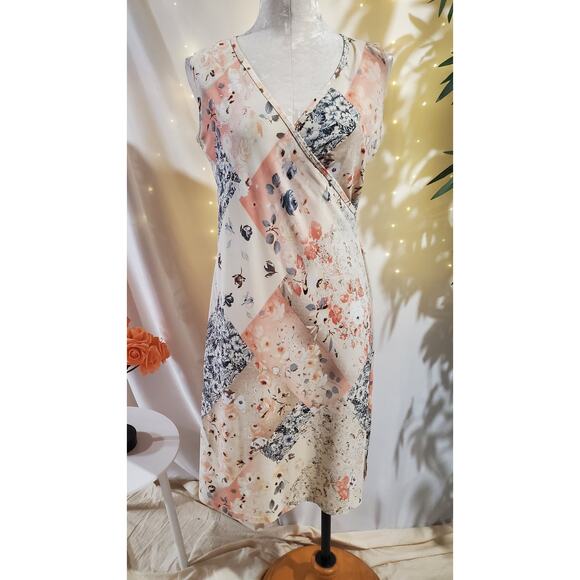 Vtg CIO 90s Y2K Faux Wrap Surplice Patchwork Floral Midi Dress Size L Fairy Boho - Picture 1 of 9